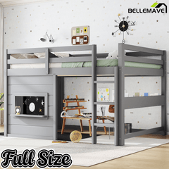 Bellemave® Twin Size Low Loft Bed with Storage Shelves for Kids,Kids Low Loft Bed Frame with Chalkboard and Bookshelf for Boys,Girls,Solid Wood,Gray - Bellemave