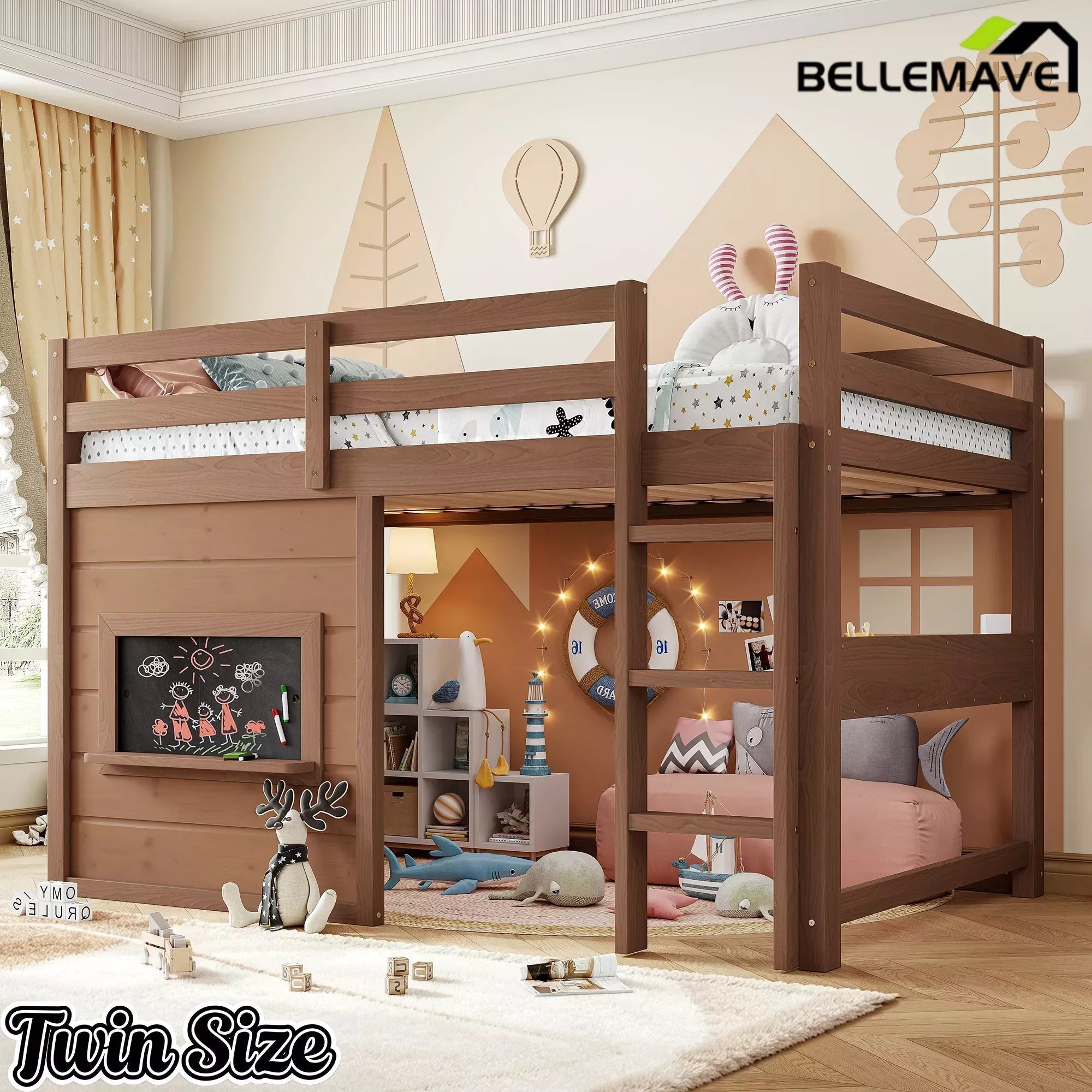 Bellemave® Twin Size Low Loft Bed with Storage Shelves for Kids,Kids Low Loft Bed Frame with Chalkboard and Bookshelf for Boys,Girls,Solid Wood,Gray - Bellemave