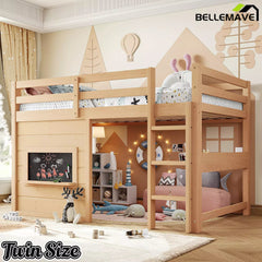 Bellemave® Twin Size Low Loft Bed with Storage Shelves for Kids,Kids Low Loft Bed Frame with Chalkboard and Bookshelf for Boys,Girls,Solid Wood,Gray - Bellemave