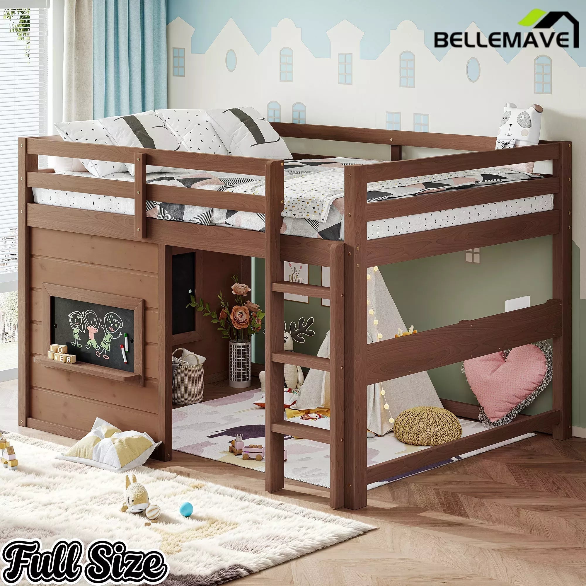 Bellemave® Twin Size Low Loft Bed with Storage Shelves for Kids,Kids Low Loft Bed Frame with Chalkboard and Bookshelf for Boys,Girls,Solid Wood,Gray - Bellemave