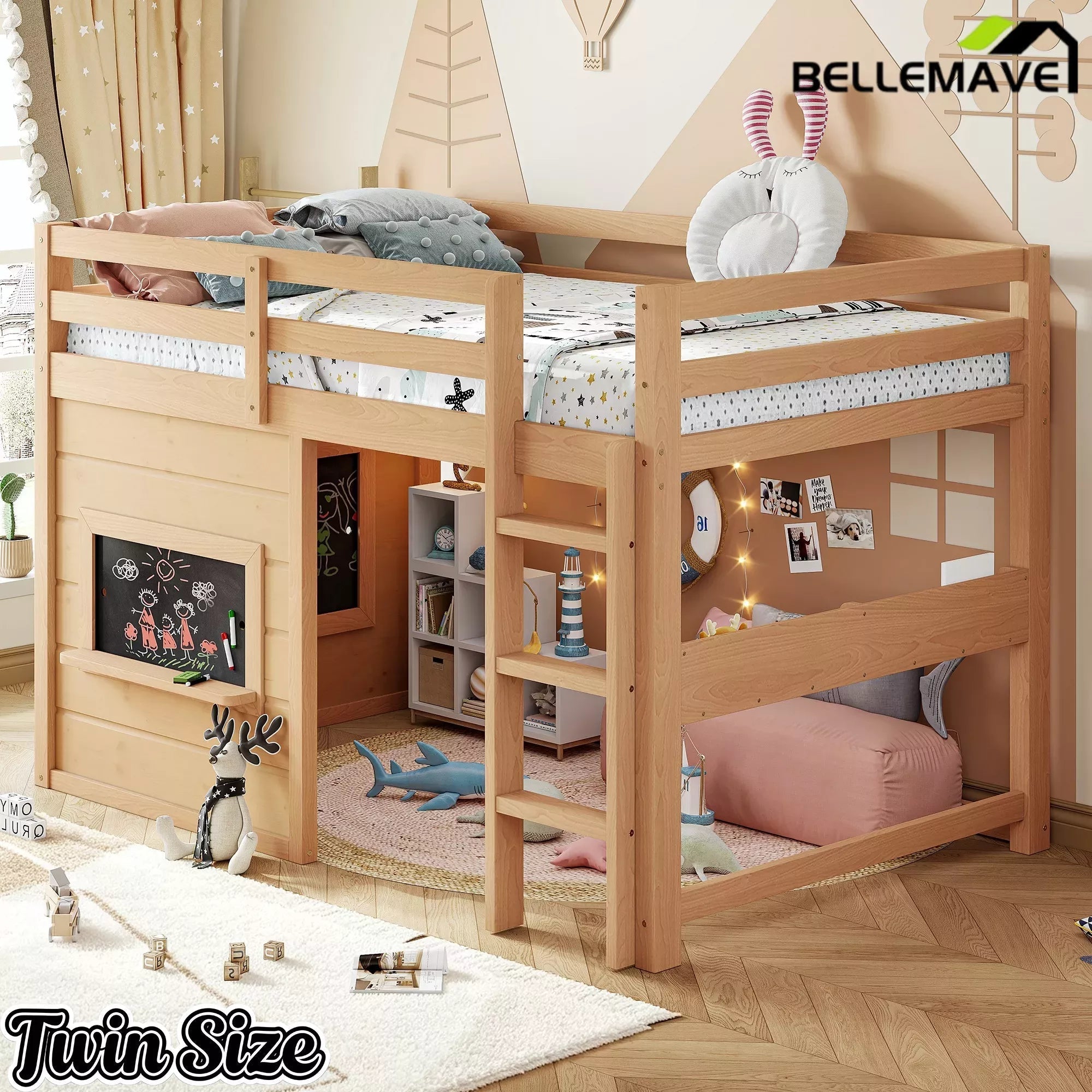 Bellemave® Twin Size Low Loft Bed with Storage Shelves for Kids,Kids Low Loft Bed Frame with Chalkboard and Bookshelf for Boys,Girls,Solid Wood,Gray - Bellemave