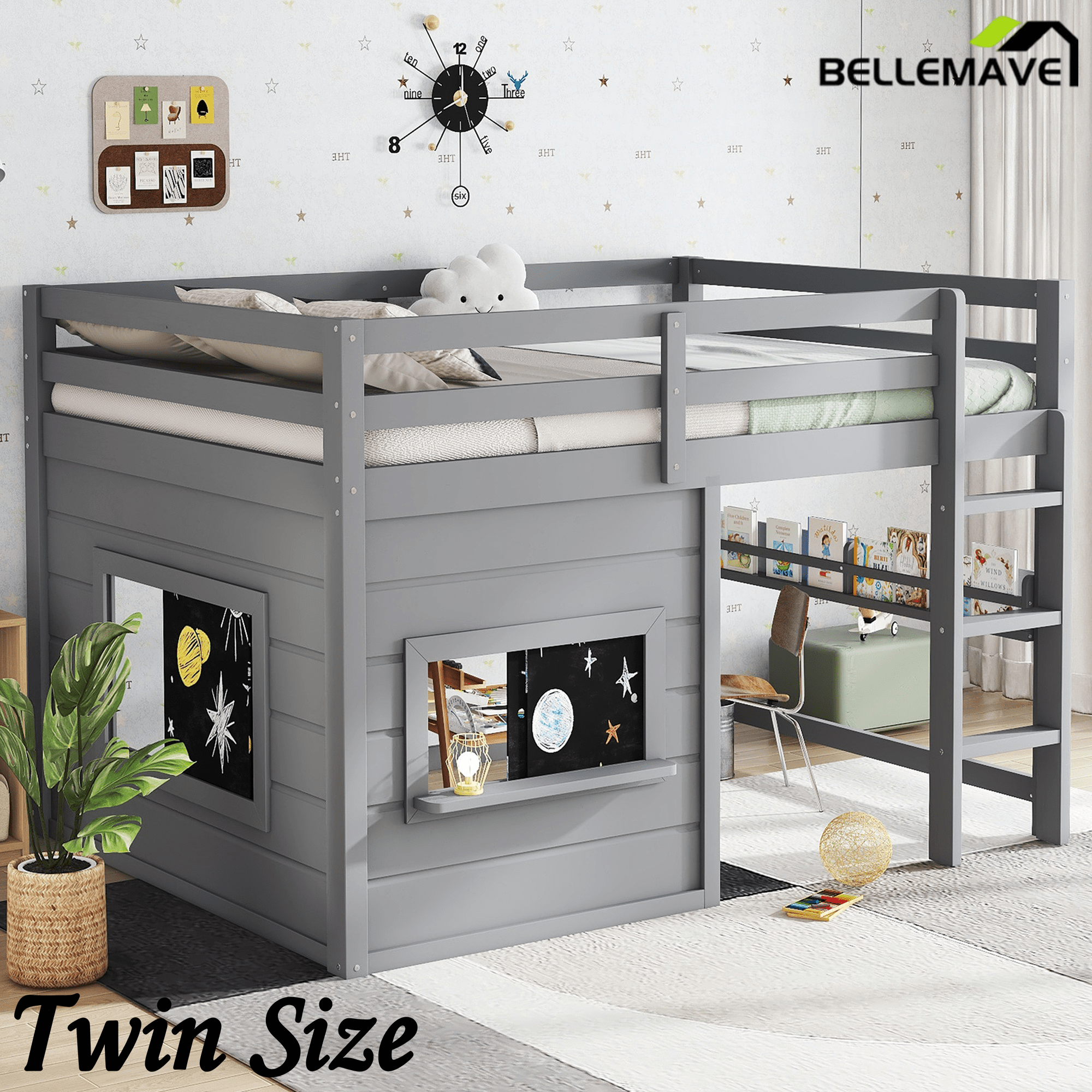 Bellemave® Twin Size Low Loft Bed with Storage Shelves for Kids,Kids Low Loft Bed Frame with Chalkboard and Bookshelf for Boys,Girls,Solid Wood,Gray - Bellemave