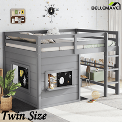 Bellemave® Twin Size Low Loft Bed with Storage Shelves for Kids,Kids Low Loft Bed Frame with Chalkboard and Bookshelf for Boys,Girls,Solid Wood,Gray - Bellemave