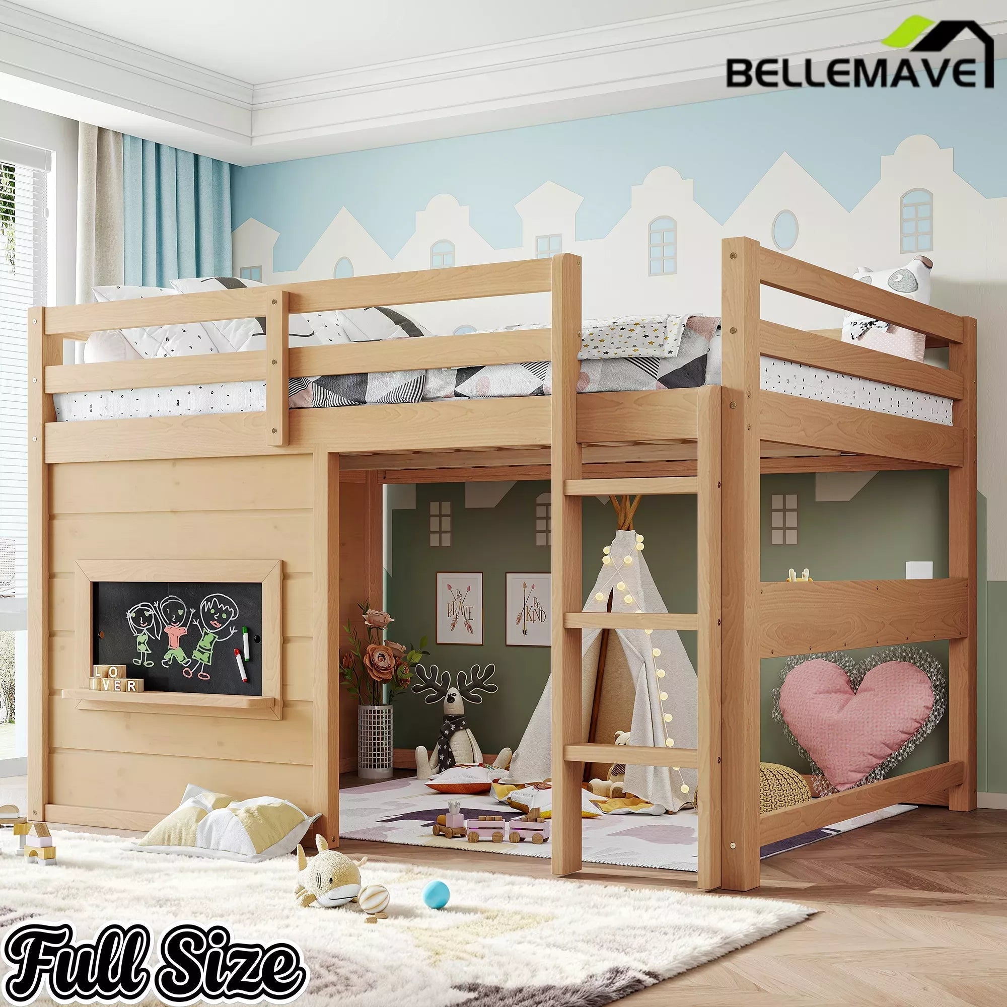 Bellemave® Twin Size Low Loft Bed with Storage Shelves for Kids,Kids Low Loft Bed Frame with Chalkboard and Bookshelf for Boys,Girls,Solid Wood,Gray - Bellemave