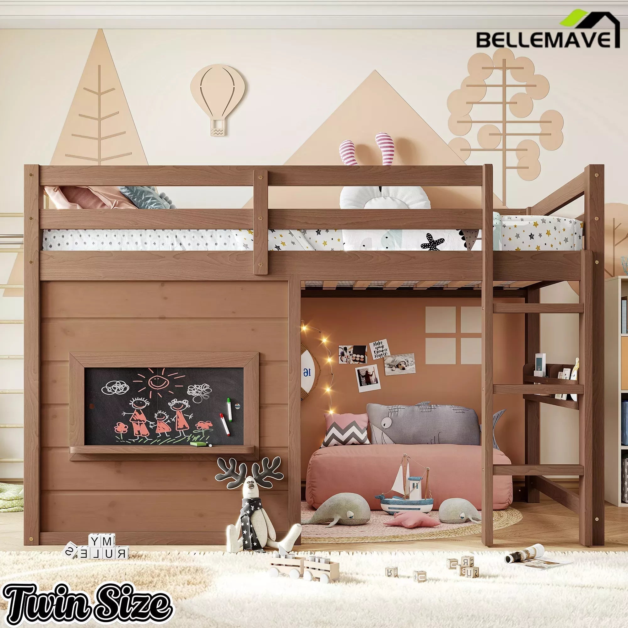 Bellemave® Twin Size Low Loft Bed with Storage Shelves for Kids,Kids Low Loft Bed Frame with Chalkboard and Bookshelf for Boys,Girls,Solid Wood,Gray - Bellemave