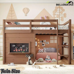 Bellemave® Twin Size Low Loft Bed with Storage Shelves for Kids,Kids Low Loft Bed Frame with Chalkboard and Bookshelf for Boys,Girls,Solid Wood,Gray - Bellemave