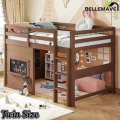 Bellemave® Twin Size Low Loft Bed with Storage Shelves for Kids,Kids Low Loft Bed Frame with Chalkboard and Bookshelf for Boys,Girls,Solid Wood,Gray - Bellemave