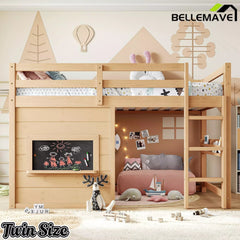 Bellemave® Twin Size Low Loft Bed with Storage Shelves for Kids,Kids Low Loft Bed Frame with Chalkboard and Bookshelf for Boys,Girls,Solid Wood,Gray - Bellemave
