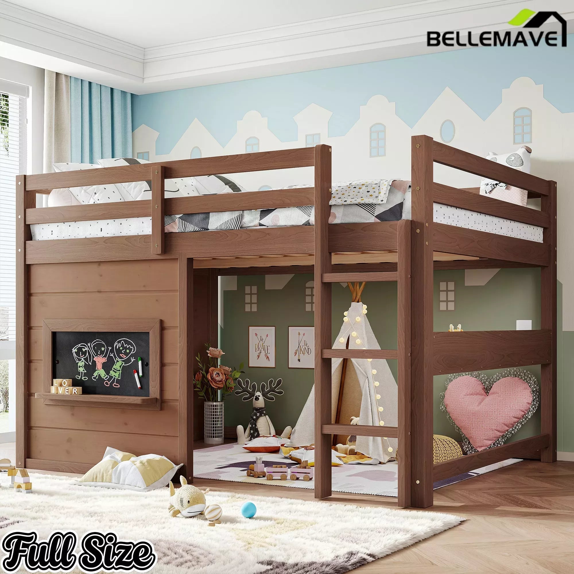 Bellemave® Twin Size Low Loft Bed with Storage Shelves for Kids,Kids Low Loft Bed Frame with Chalkboard and Bookshelf for Boys,Girls,Solid Wood,Gray - Bellemave