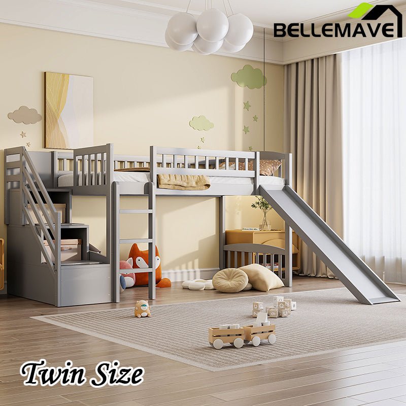 Bellemave® Twin Size Low Loft Bed with Two Drawers and Slide - Bellemave