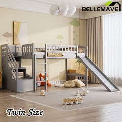 Bellemave® Twin Size Low Loft Bed with Two Drawers and Slide - Bellemave