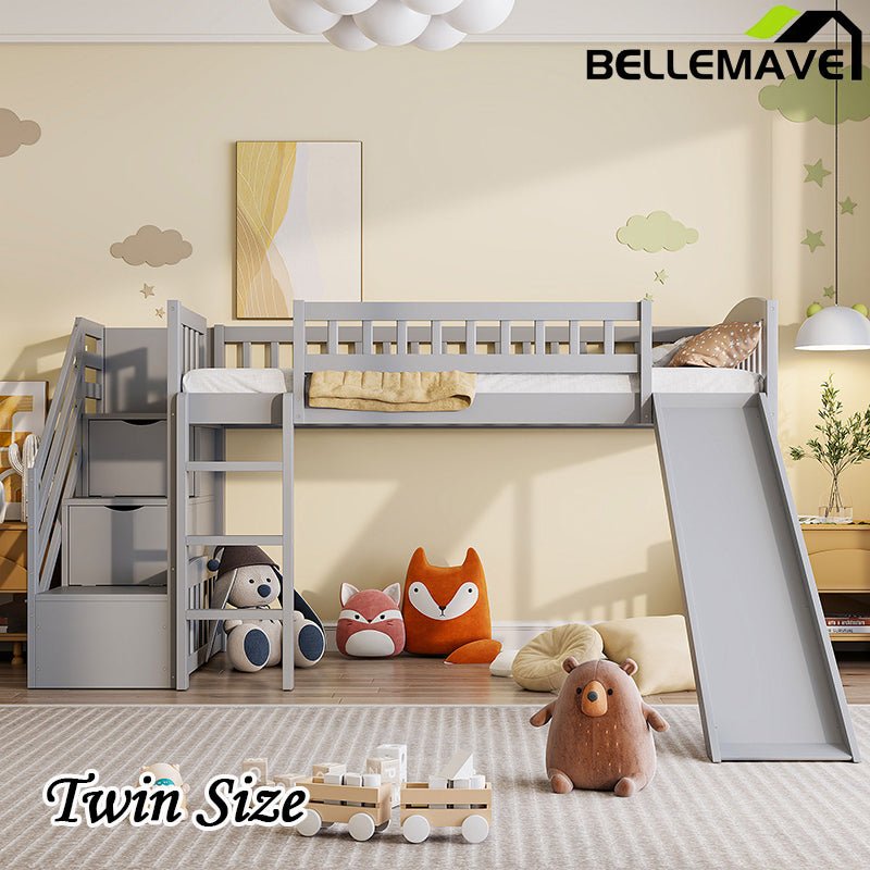 Bellemave® Twin Size Low Loft Bed with Two Drawers and Slide - Bellemave