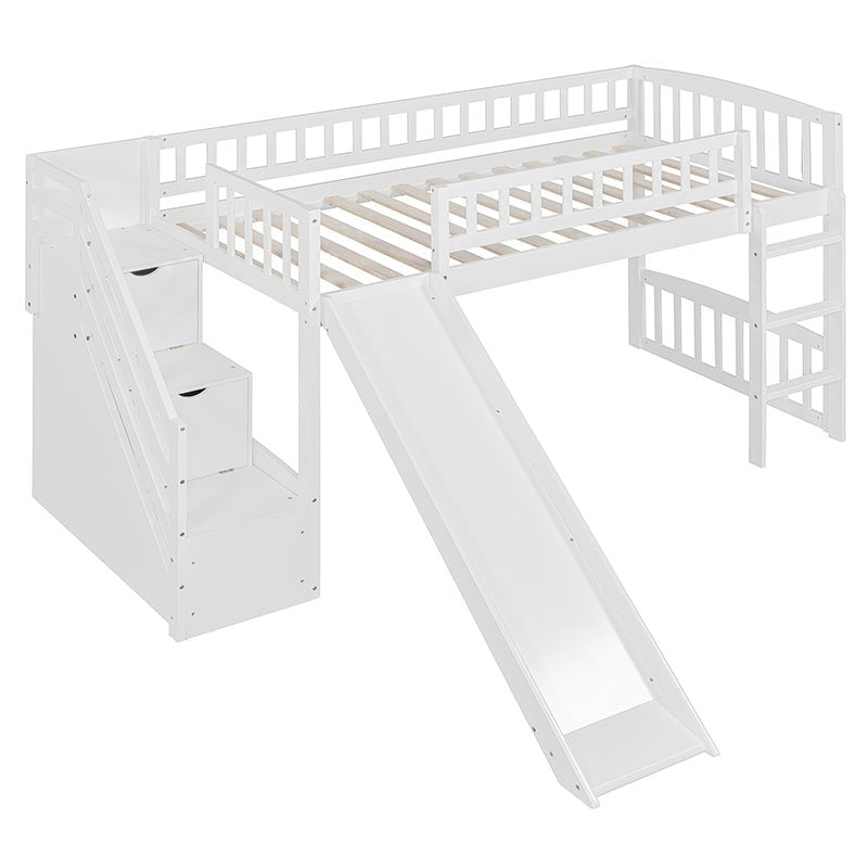 Bellemave® Twin Size Low Loft Bed with Two Drawers and Slide - Bellemave
