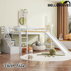 Bellemave® Twin Size Low Loft Bed with Two Drawers and Slide - Bellemave