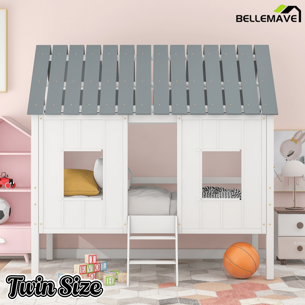 Bellemave® Twin Size Low Loft House Bed with Roof and Two Front Windows, Low Loft Bed Frame with Ladder for Kids,Solid Wood House Bed Twin Size, White - Bellemave