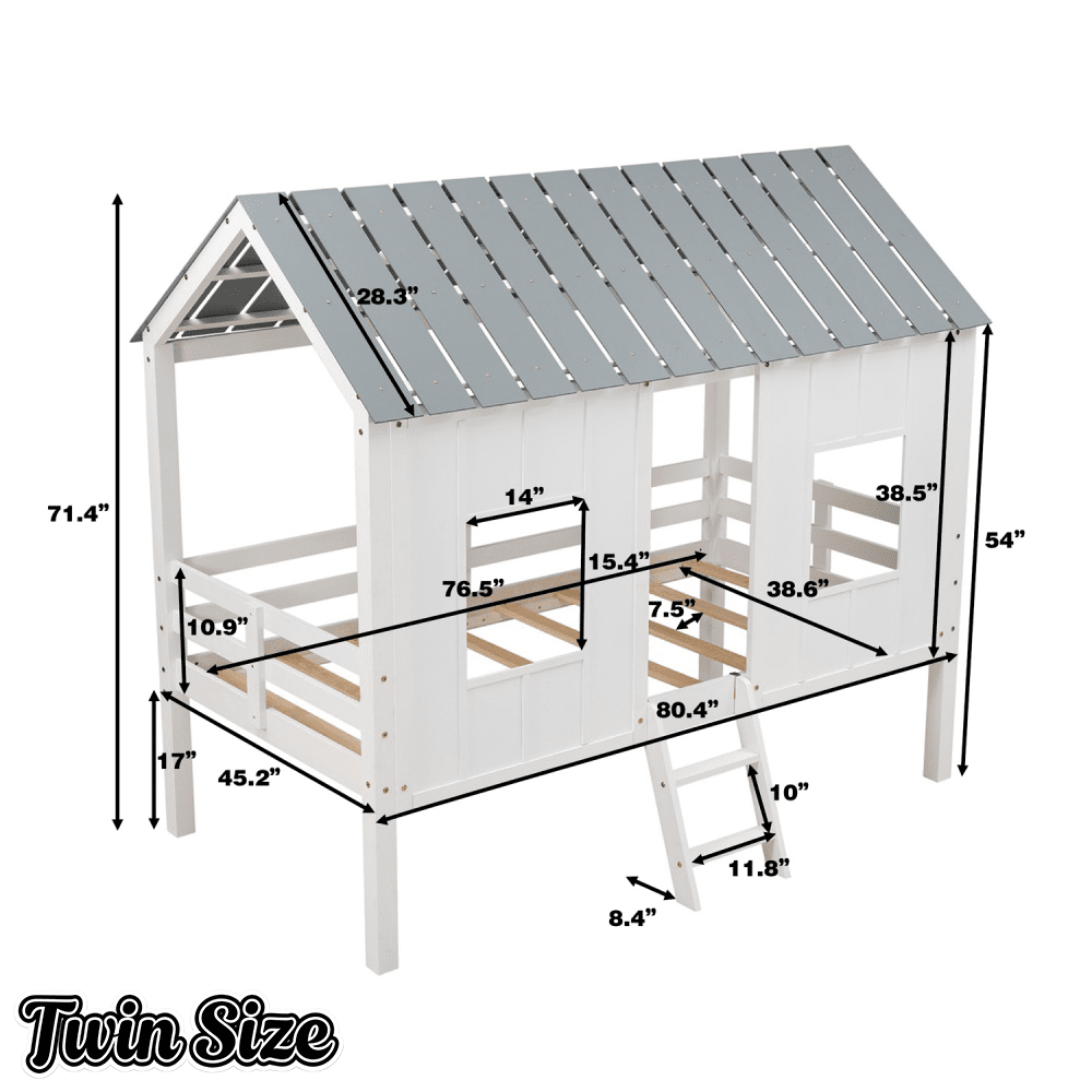 Bellemave® Twin Size Low Loft House Bed with Roof and Two Front Windows, Low Loft Bed Frame with Ladder for Kids,Solid Wood House Bed Twin Size, White - Bellemave
