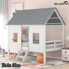 Bellemave® Twin Size Low Loft House Bed with Roof and Two Front Windows, Low Loft Bed Frame with Ladder for Kids,Solid Wood House Bed Twin Size, White - Bellemave