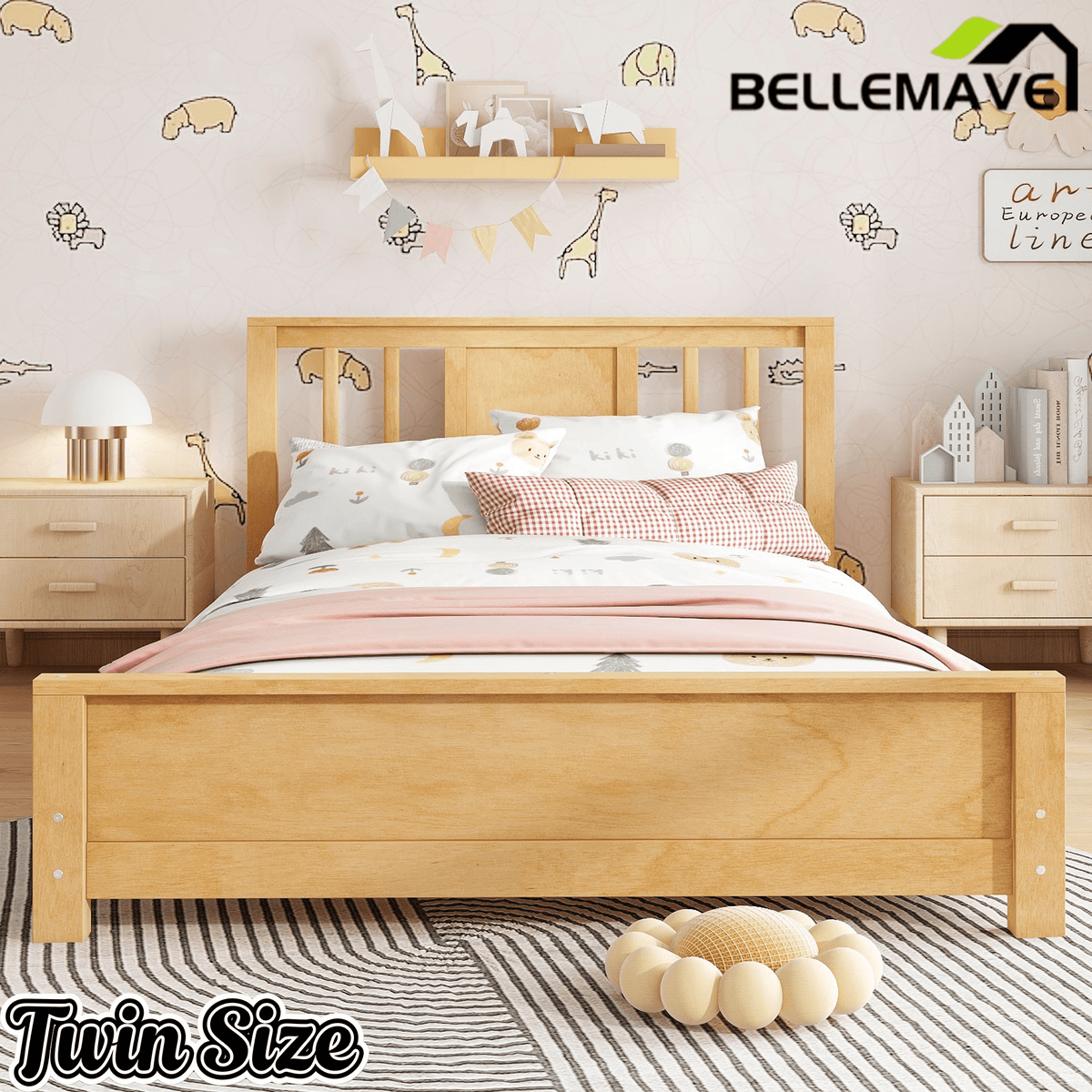 Bellemave® Twin Size Low Profile Platform Bed with Chic Headboard, Wood Bed Frame with Support Slats for Kids - Bellemave
