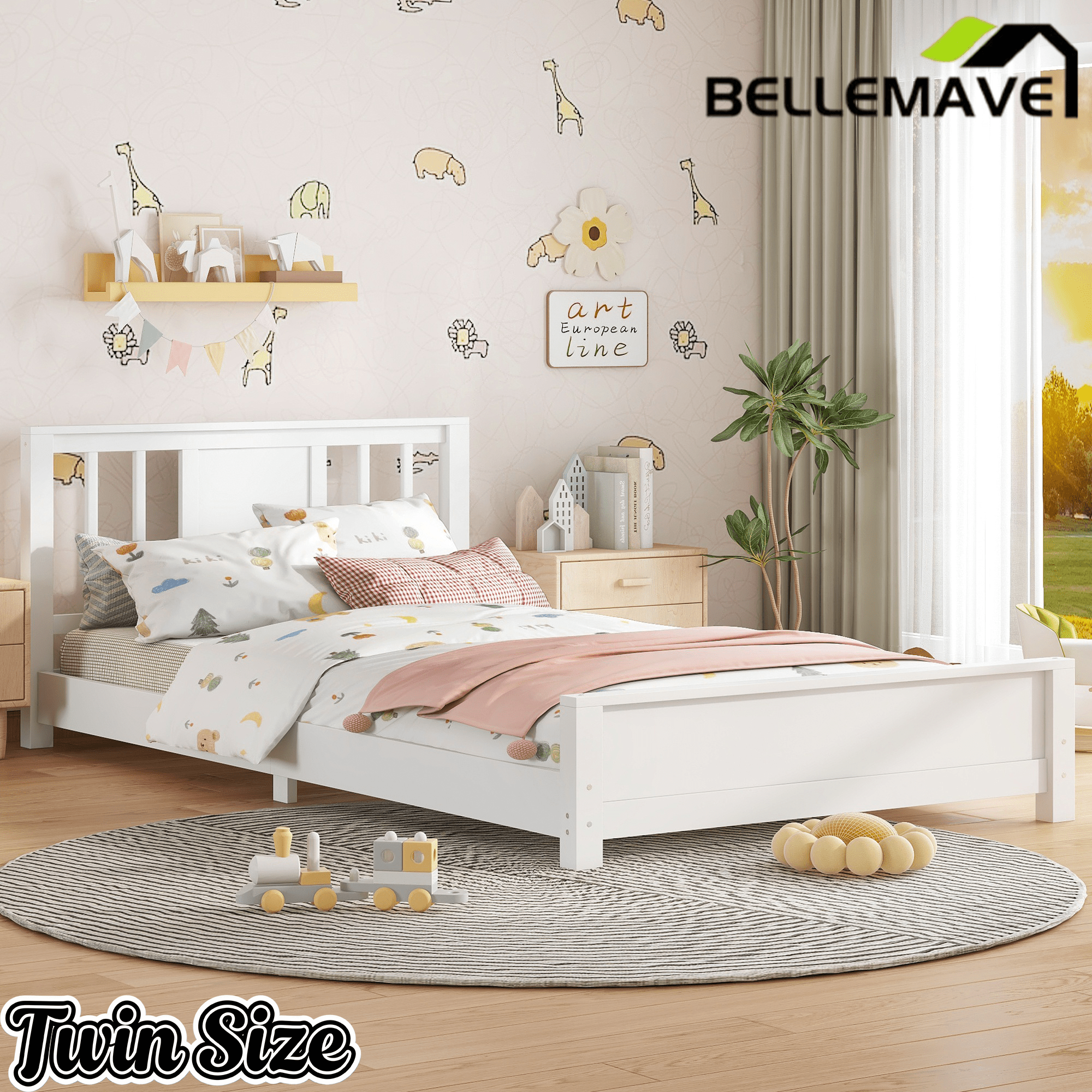 Bellemave® Twin Size Low Profile Platform Bed with Chic Headboard, Wood Bed Frame with Support Slats for Kids - Bellemave
