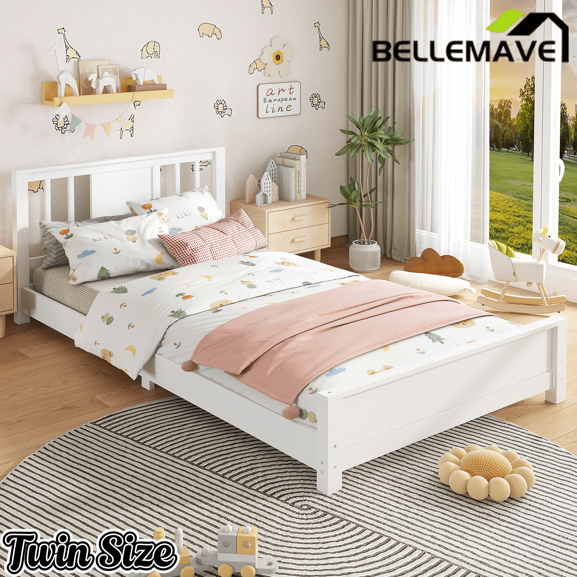 Bellemave® Twin Size Low Profile Platform Bed with Chic Headboard, Wood Bed Frame with Support Slats for Kids - Bellemave