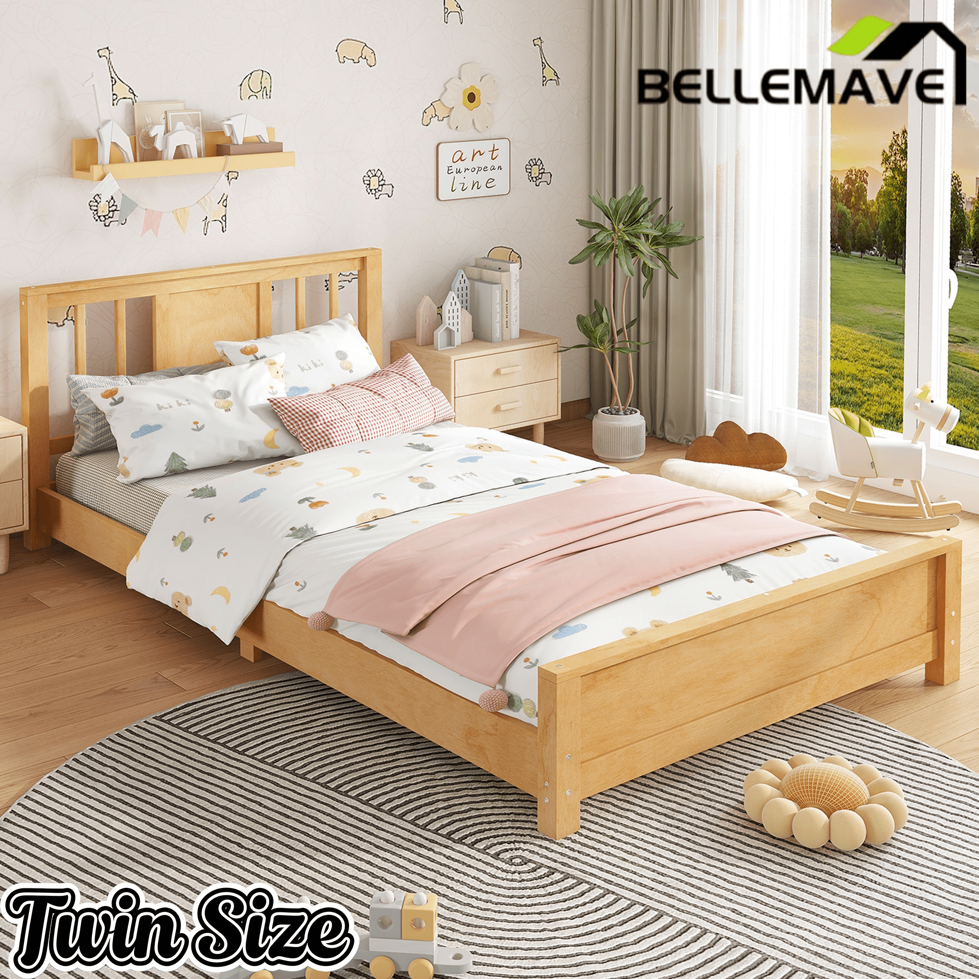 Bellemave® Twin Size Low Profile Platform Bed with Chic Headboard, Wood Bed Frame with Support Slats for Kids - Bellemave