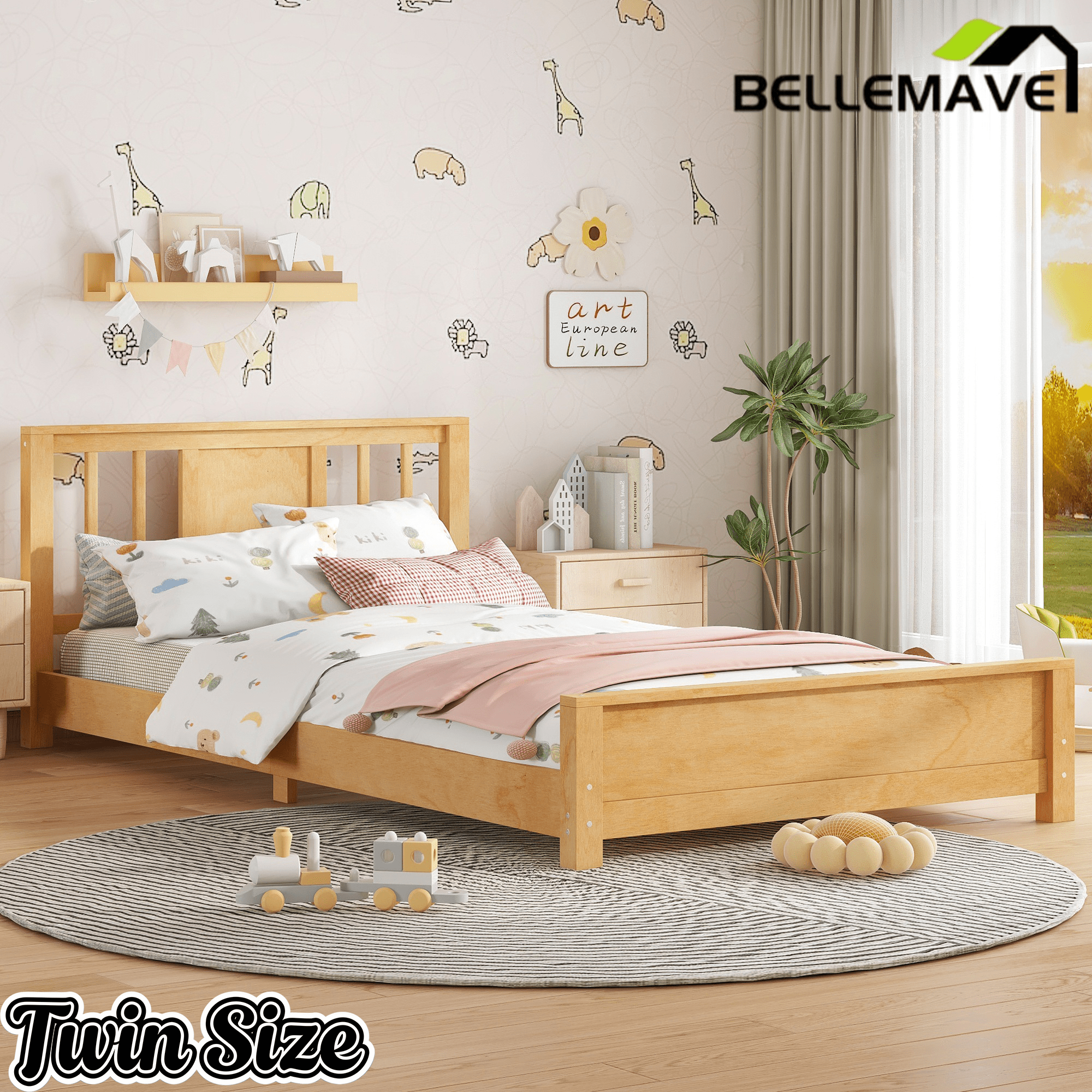 Bellemave® Twin Size Low Profile Platform Bed with Chic Headboard, Wood Bed Frame with Support Slats for Kids - Bellemave