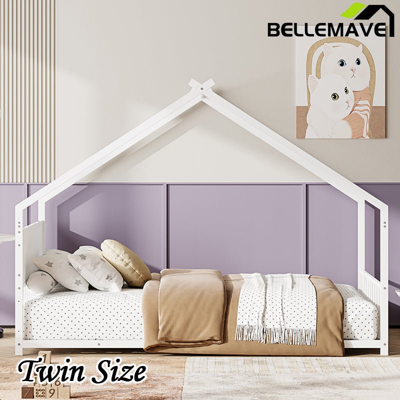 Bellemave® Twin Size Metal House Bed with Roof and Colorful Lights, Slats and Legs - Bellemave