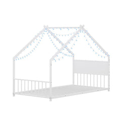 Bellemave® Twin Size Metal House Bed with Roof and Colorful Lights, Slats and Legs - Bellemave