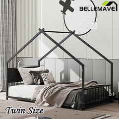 Bellemave® Twin Size Metal House Bed with Roof and Colorful Lights, Slats and Legs - Bellemave