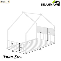 Bellemave® Twin Size Metal House Bed with Roof and Colorful Lights, Slats and Legs - Bellemave