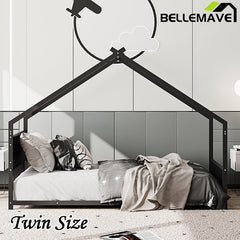 Bellemave® Twin Size Metal House Bed with Roof and Colorful Lights, Slats and Legs - Bellemave