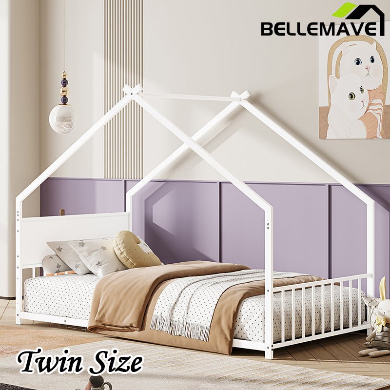 Bellemave® Twin Size Metal House Bed with Roof and Colorful Lights, Slats and Legs - Bellemave