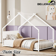 Bellemave® Twin Size Metal House Bed with Roof and Colorful Lights, Slats and Legs - Bellemave