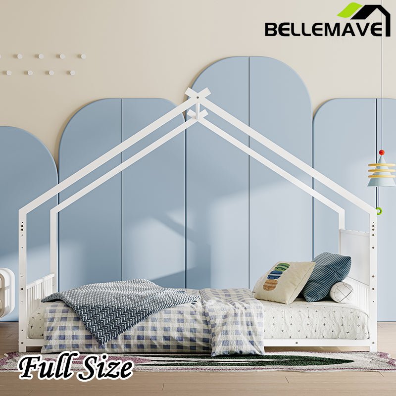 Bellemave® Twin Size Metal House Bed with Roof and Colorful Lights, Slats and Legs - Bellemave