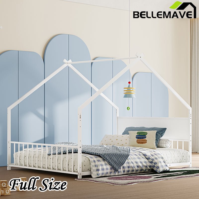 Bellemave® Twin Size Metal House Bed with Roof and Colorful Lights, Slats and Legs - Bellemave