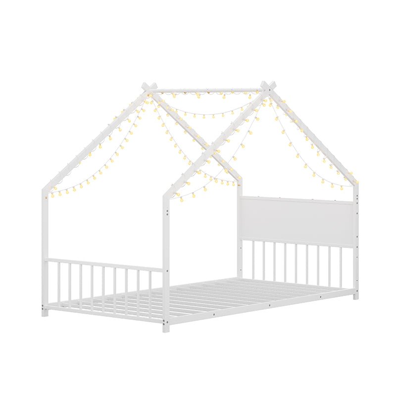 Bellemave® Twin Size Metal House Bed with Roof and Colorful Lights, Slats and Legs - Bellemave