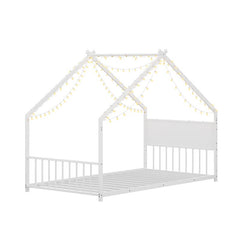 Bellemave® Twin Size Metal House Bed with Roof and Colorful Lights, Slats and Legs - Bellemave