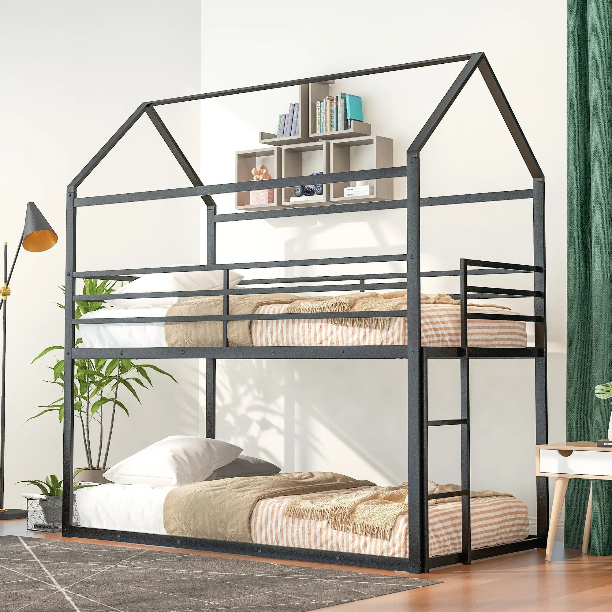 Bellemave® Twin Size Metal House Bunk Bed Built - in Ladder - Bellemave