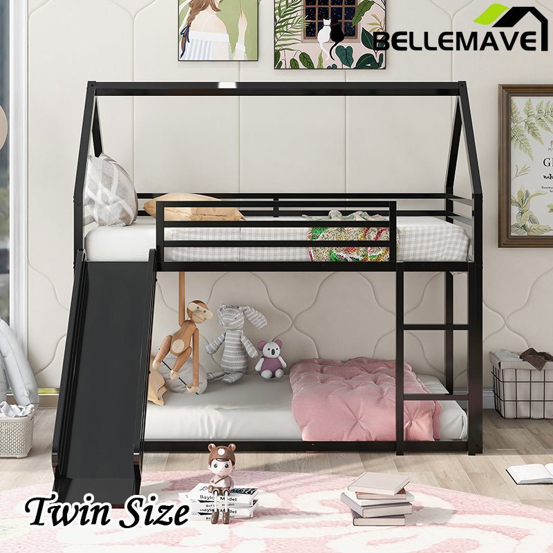 Bellemave® Twin Size Metal House Bunk Bed with Built - in Ladder/with Slide - Bellemave