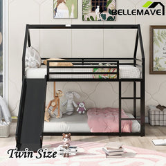 Bellemave® Twin Size Metal House Bunk Bed with Built - in Ladder/with Slide - Bellemave