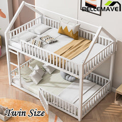 Bellemave® Twin Size Metal House Bunk Bed with Fence and Door - Bellemave