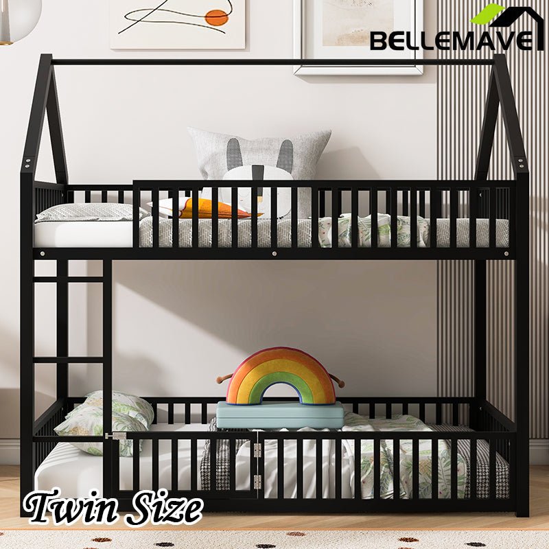 Bellemave® Twin Size Metal House Bunk Bed with Fence and Door - Bellemave