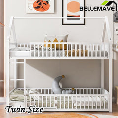 Bellemave® Twin Size Metal House Bunk Bed with Fence and Door - Bellemave