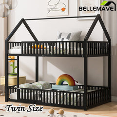 Bellemave® Twin Size Metal House Bunk Bed with Fence and Door - Bellemave