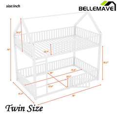 Bellemave® Twin Size Metal House Bunk Bed with Fence and Door - Bellemave