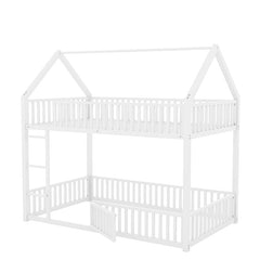 Bellemave® Twin Size Metal House Bunk Bed with Fence and Door - Bellemave