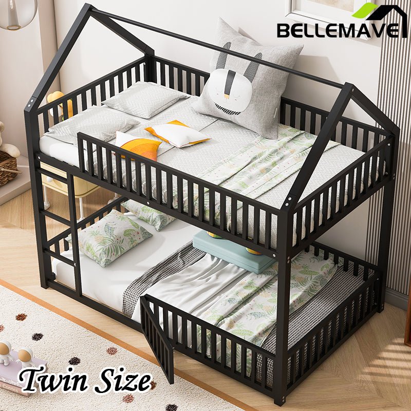Bellemave® Twin Size Metal House Bunk Bed with Fence and Door - Bellemave
