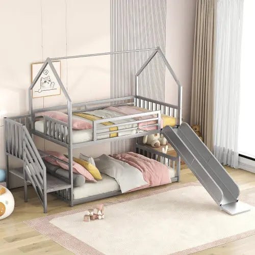 Bellemave® Twin Size Metal House Bunk Bed with Slide and Staircase - Bellemave