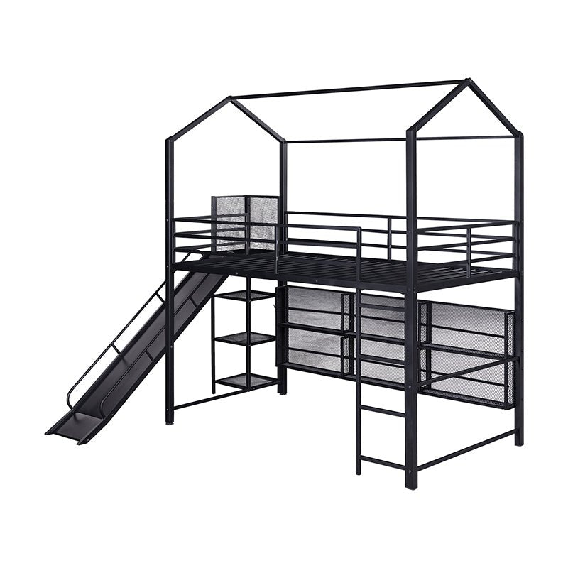 Bellemave® Twin Size Metal House Loft Bed with Iron mesh Shelves and Slide - Bellemave
