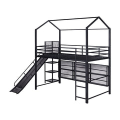 Bellemave® Twin Size Metal House Loft Bed with Iron mesh Shelves and Slide - Bellemave